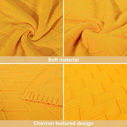 Rayon Cotton Cable Knitted Throw Blanket, 51x67 Breathable and Silky Soft Chevron Textured RPET Decorative Blanket for Couch, Sofa, Bed, Machine Washable, Golden Yellow