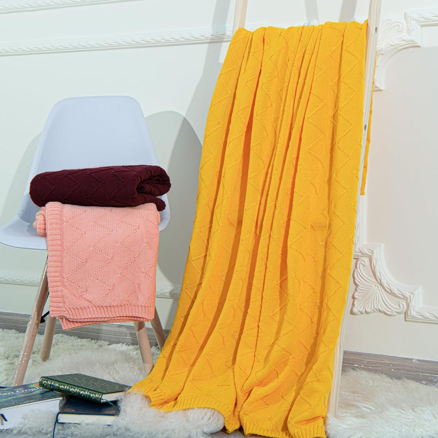 Rayon Cotton Cable Knitted Throw Blanket, 51x67 Breathable and Silky Soft Chevron Textured RPET Decorative Blanket for Couch, Sofa, Bed, Machine Washable, Golden Yellow
