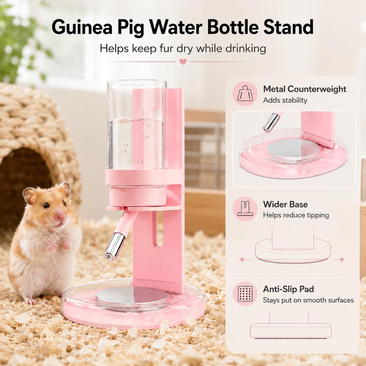 Hamster Water Bottle No Drip, 4oz Glass Small Animal Water Dispenser,Yellow | Leakproof Guinea Pig Water Bottle with Adjustable Stand for Glass Tank, Cage, Habitat, for Hamster Gerbil Chinchilla Hedgehog