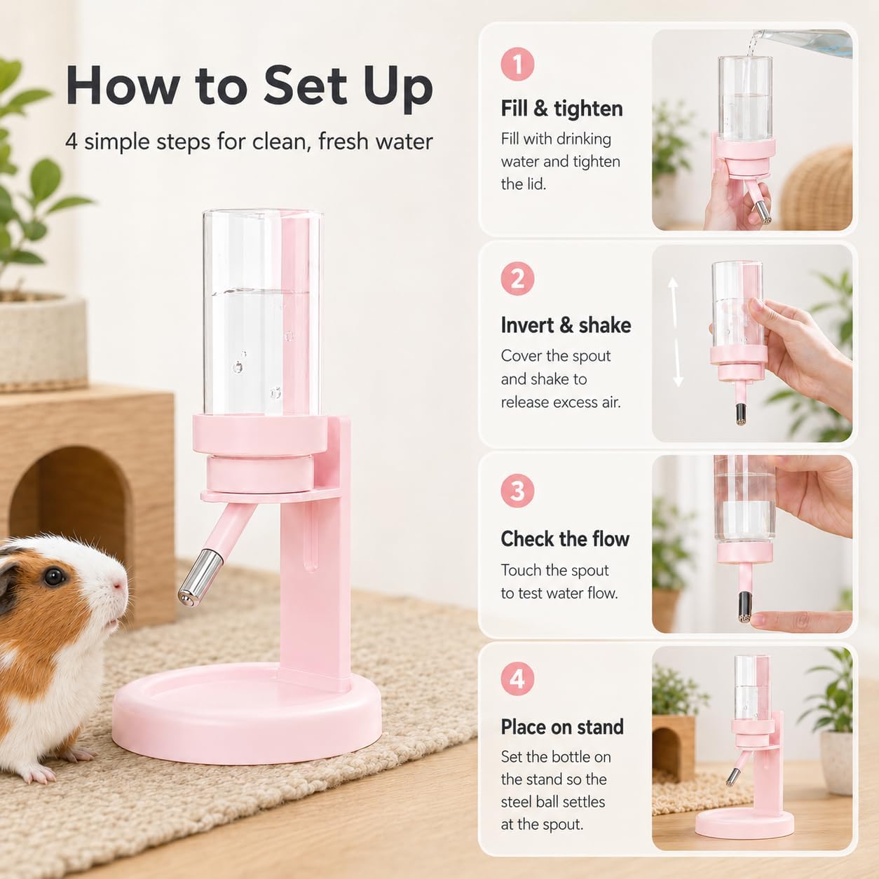 Hamster Water Bottle No Drip, 4oz Glass Small Animal Water Dispenser,Yellow | Leakproof Guinea Pig Water Bottle with Adjustable Stand for Glass Tank, Cage, Habitat, for Hamster Gerbil Chinchilla Hedgehog