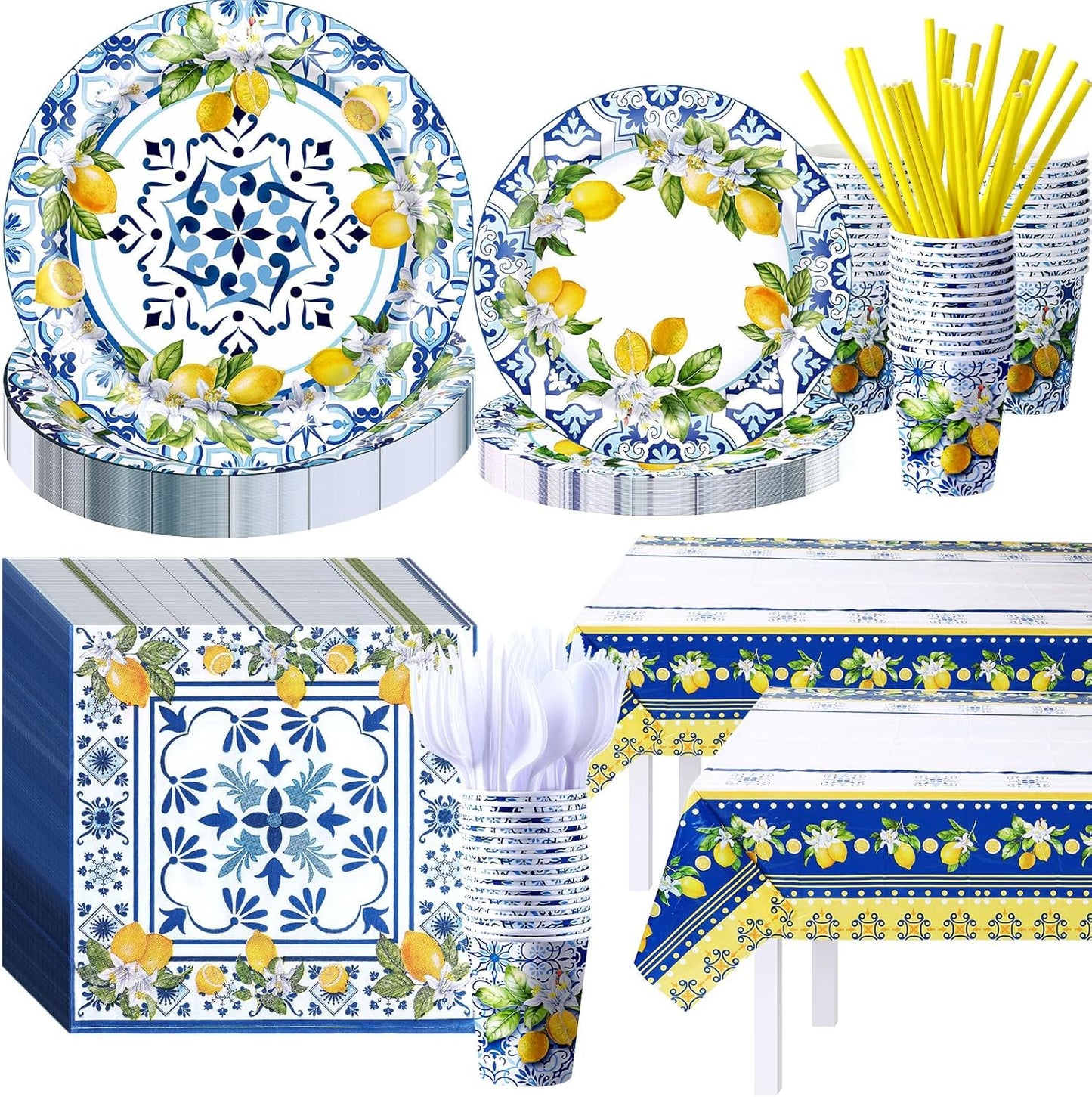 227 Pcs Amalfi Coast Lemon Party Supplies Capri Lemon Party Positano Tableware Decorations Summer Mediterranean Decorations Disposable Plates Napkin Forks for Birthday Baby Shower Serves 25