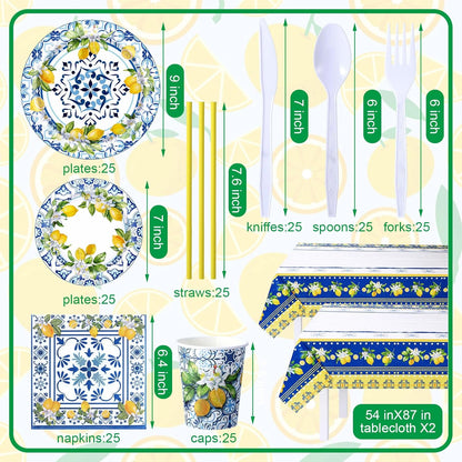 227 Pcs Amalfi Coast Lemon Party Supplies Capri Lemon Party Positano Tableware Decorations Summer Mediterranean Decorations Disposable Plates Napkin Forks for Birthday Baby Shower Serves 25