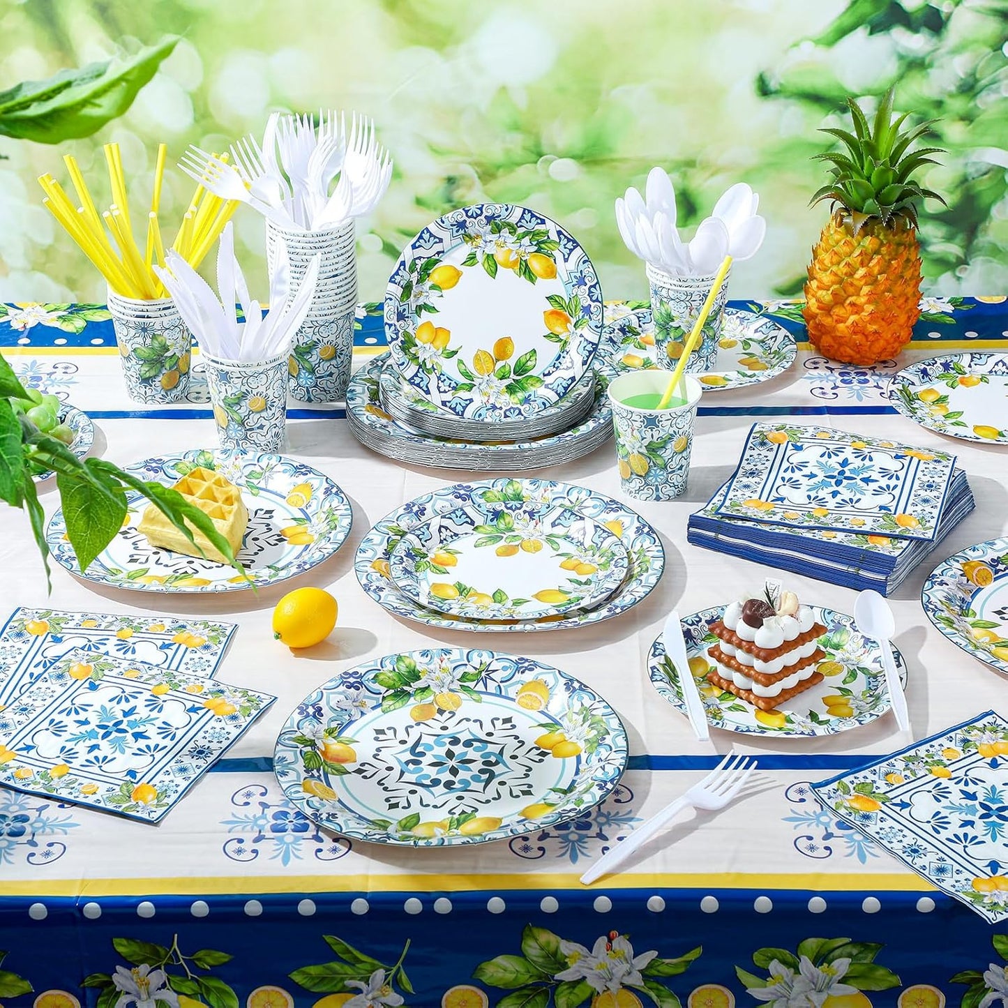 227 Pcs Amalfi Coast Lemon Party Supplies Capri Lemon Party Positano Tableware Decorations Summer Mediterranean Decorations Disposable Plates Napkin Forks for Birthday Baby Shower Serves 25