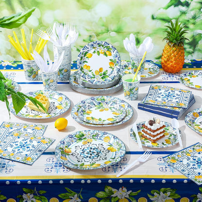 227 Pcs Amalfi Coast Lemon Party Supplies Capri Lemon Party Positano Tableware Decorations Summer Mediterranean Decorations Disposable Plates Napkin Forks for Birthday Baby Shower Serves 25