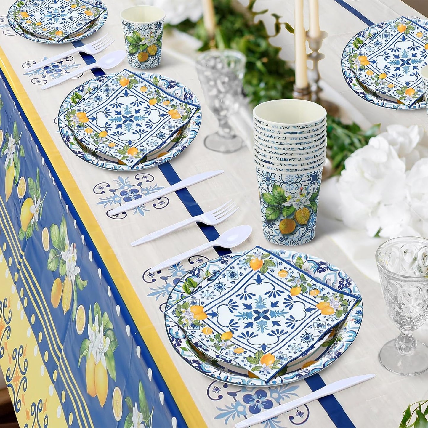 227 Pcs Amalfi Coast Lemon Party Supplies Capri Lemon Party Positano Tableware Decorations Summer Mediterranean Decorations Disposable Plates Napkin Forks for Birthday Baby Shower Serves 25