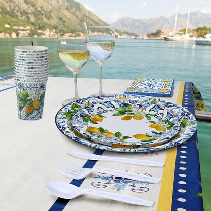 227 Pcs Amalfi Coast Lemon Party Supplies Capri Lemon Party Positano Tableware Decorations Summer Mediterranean Decorations Disposable Plates Napkin Forks for Birthday Baby Shower Serves 25