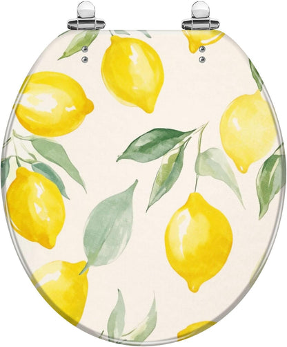 Lemon Bathroom Accent Round Toilet Seat with Decorative Printed Lid | Lemon decor update; easy-clean surface; hinge hardware included.