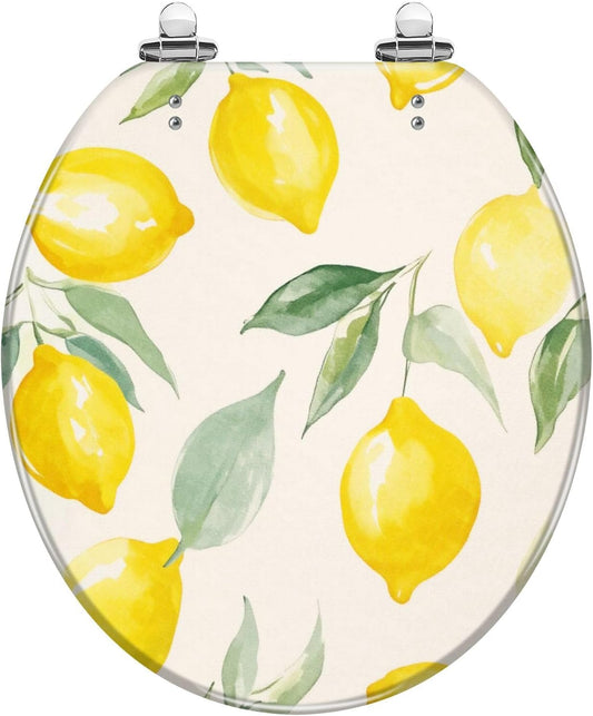Lemon Bathroom Accent Round Toilet Seat with Decorative Printed Lid | Lemon decor update; easy-clean surface; hinge hardware included.