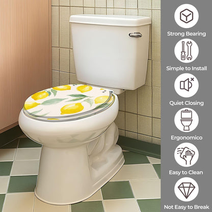 Lemon Bathroom Accent Round Toilet Seat with Decorative Printed Lid | Lemon decor update; easy-clean surface; hinge hardware included.