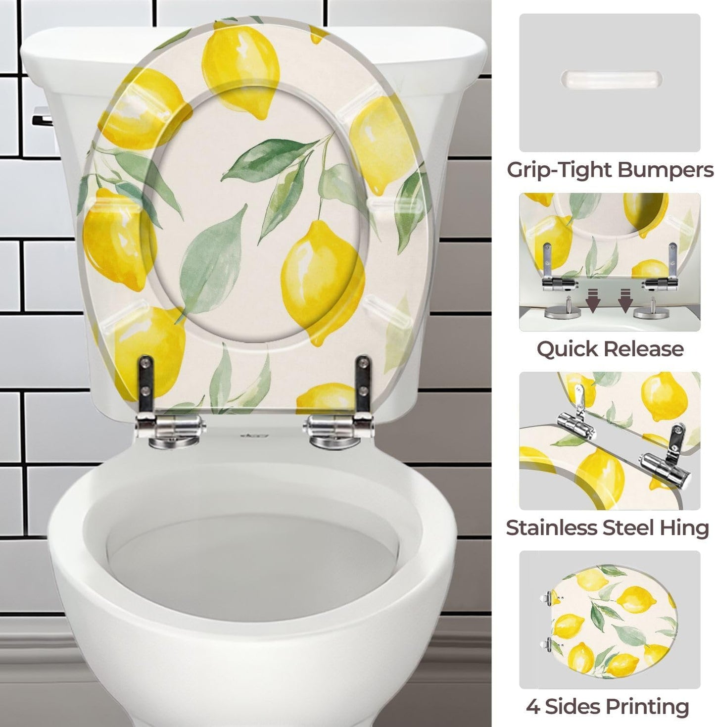 Lemon Bathroom Accent Round Toilet Seat with Decorative Printed Lid | Lemon decor update; easy-clean surface; hinge hardware included.