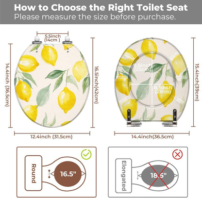 Lemon Bathroom Accent Round Toilet Seat with Decorative Printed Lid | Lemon decor update; easy-clean surface; hinge hardware included.