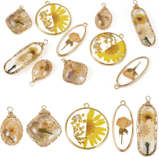 Elecrelive 10Pcs Resin Dried Flower Pendants Yellow Pressed Flower Charms Epoxy Resin Pendants for Necklace Floral Keychain Mothers Day Jewelry