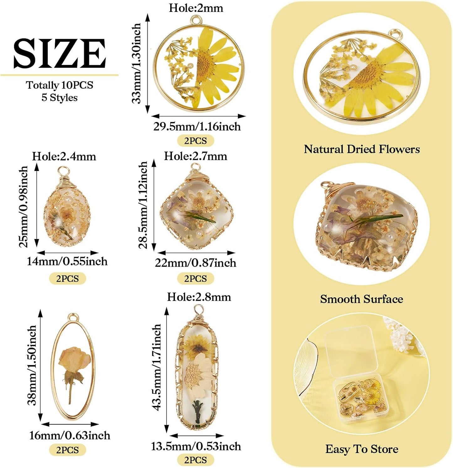 Elecrelive 10Pcs Resin Dried Flower Pendants Yellow Pressed Flower Charms Epoxy Resin Pendants for Necklace Floral Keychain Mothers Day Jewelry