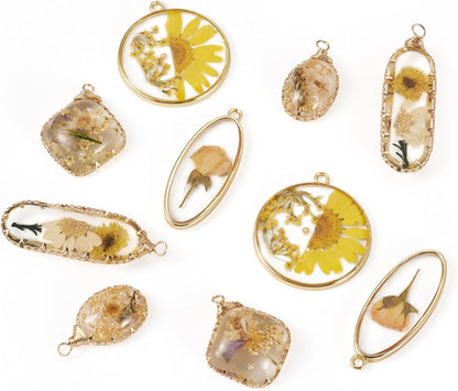 Elecrelive 10Pcs Resin Dried Flower Pendants Yellow Pressed Flower Charms Epoxy Resin Pendants for Necklace Floral Keychain Mothers Day Jewelry