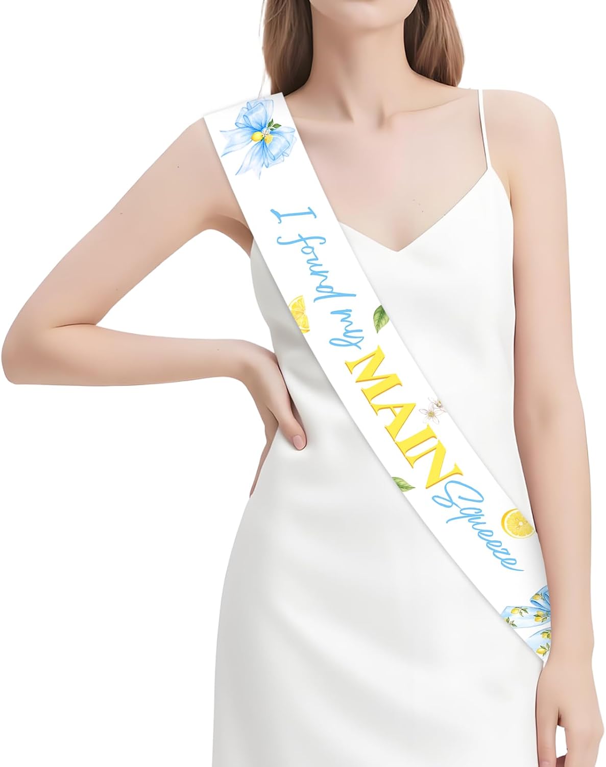 Blue Bow Lemon Bridal Shower Decorations I Found my Main Squeeze Sash for Bride to Be Bachelorette Party Satin Sash with Blue Floral Citrus Design for Welcome Photos Party Outfit