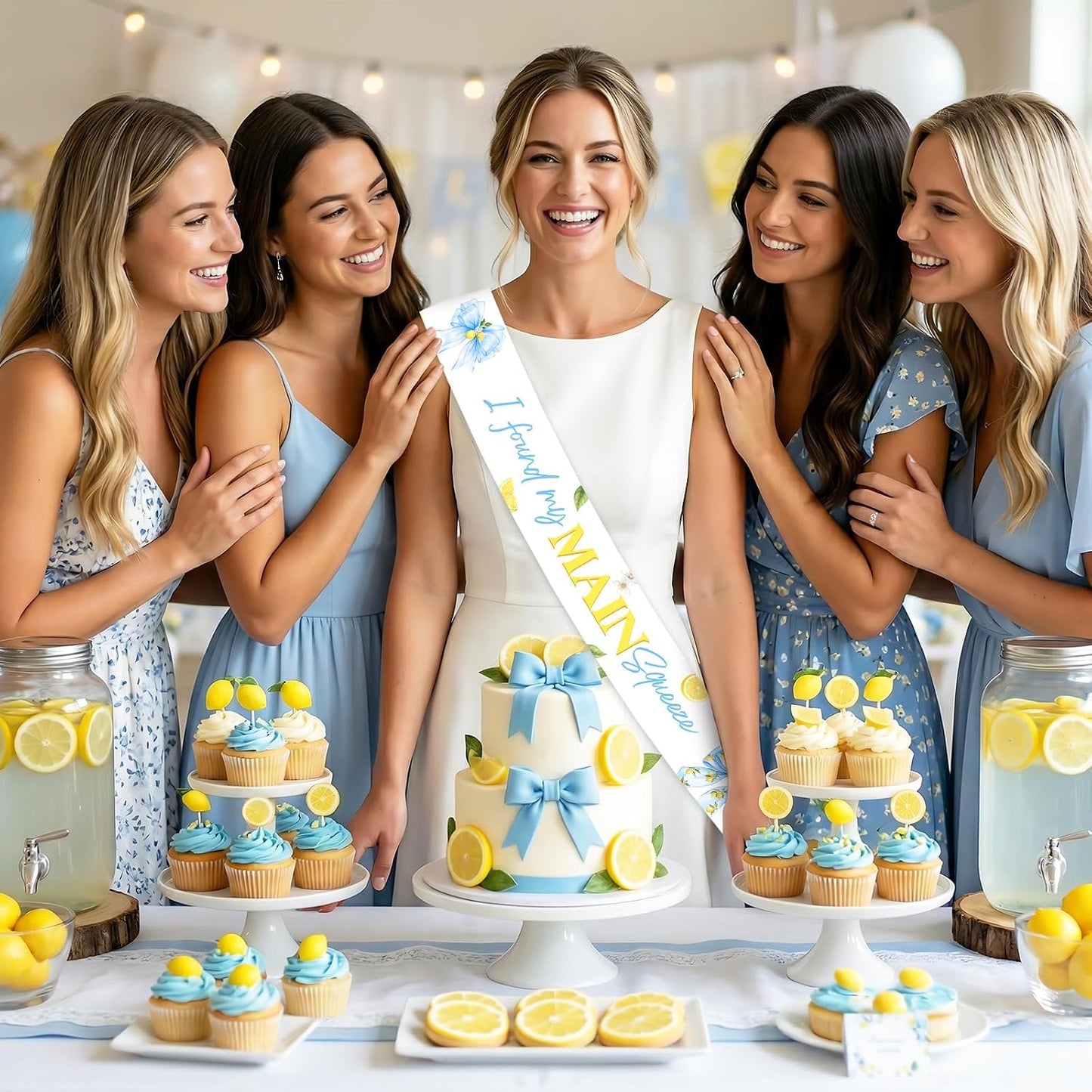 Blue Bow Lemon Bridal Shower Decorations I Found my Main Squeeze Sash for Bride to Be Bachelorette Party Satin Sash with Blue Floral Citrus Design for Welcome Photos Party Outfit
