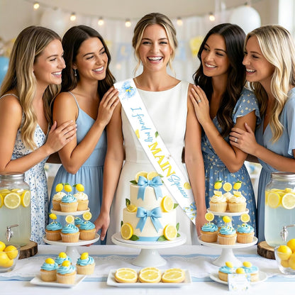 Blue Bow Lemon Bridal Shower Decorations I Found my Main Squeeze Sash for Bride to Be Bachelorette Party Satin Sash with Blue Floral Citrus Design for Welcome Photos Party Outfit