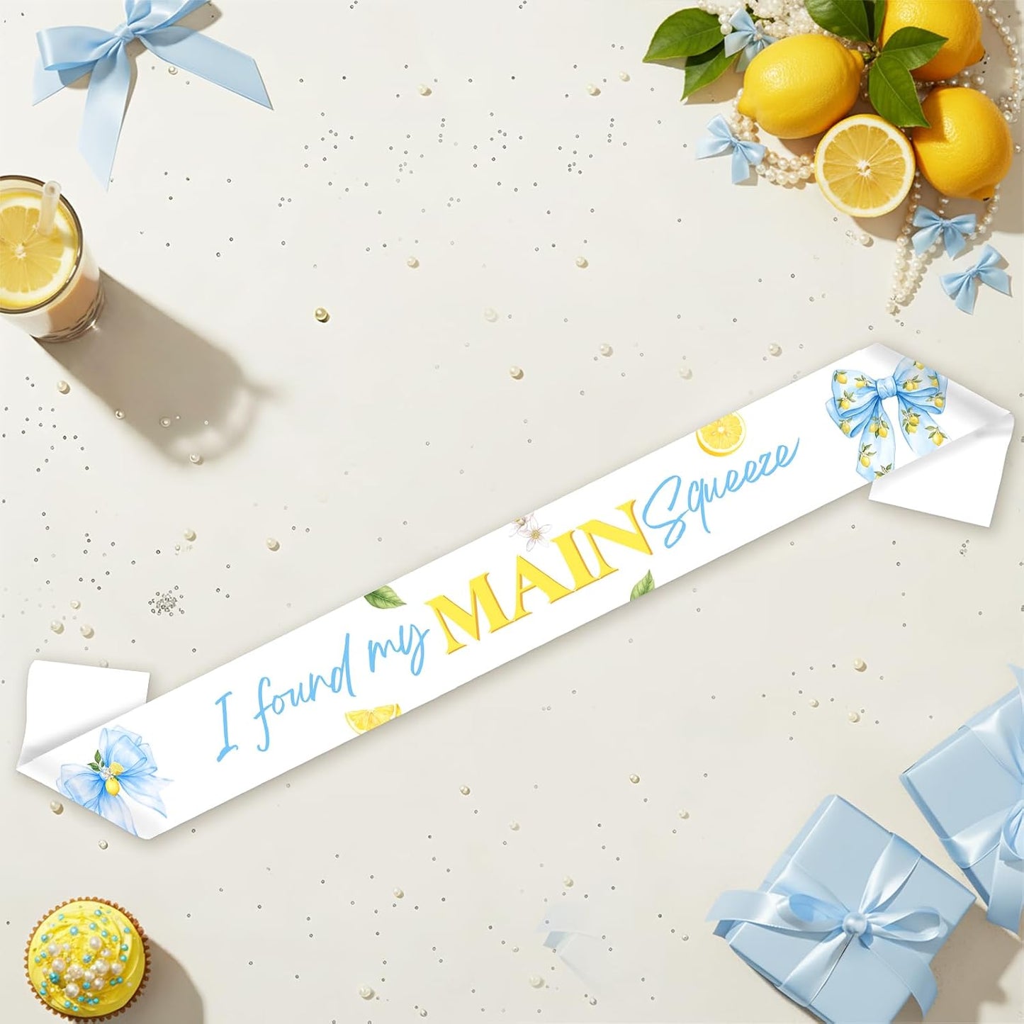 Blue Bow Lemon Bridal Shower Decorations I Found my Main Squeeze Sash for Bride to Be Bachelorette Party Satin Sash with Blue Floral Citrus Design for Welcome Photos Party Outfit