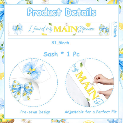 Blue Bow Lemon Bridal Shower Decorations I Found my Main Squeeze Sash for Bride to Be Bachelorette Party Satin Sash with Blue Floral Citrus Design for Welcome Photos Party Outfit