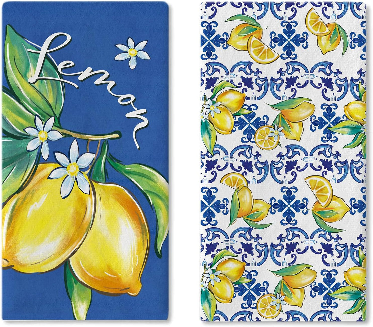 Spring Summer Blue Lemon Italy Tile Pattern Kitchen Dish Towels Set of 2, Amalfi Coast Capri Citrus Drying Hand Towel Baking Cooking Cloth, Mediterranean Bathroom Home Decoration 18'' x 26''
