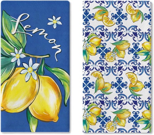 Spring Summer Blue Lemon Italy Tile Pattern Kitchen Dish Towels Set of 2, Amalfi Coast Capri Citrus Drying Hand Towel Baking Cooking Cloth, Mediterranean Bathroom Home Decoration 18'' x 26''