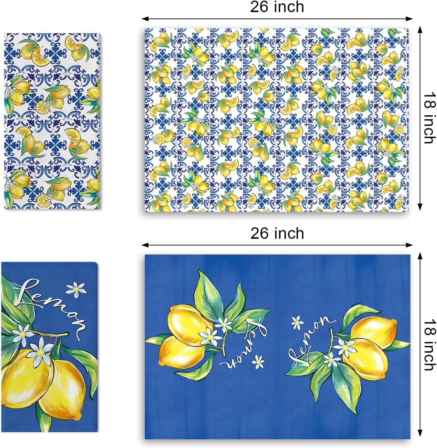 Spring Summer Blue Lemon Italy Tile Pattern Kitchen Dish Towels Set of 2, Amalfi Coast Capri Citrus Drying Hand Towel Baking Cooking Cloth, Mediterranean Bathroom Home Decoration 18'' x 26''