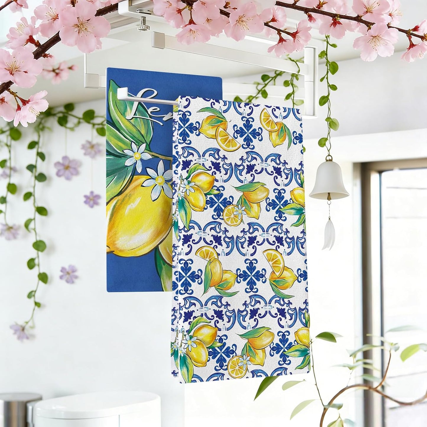 Spring Summer Blue Lemon Italy Tile Pattern Kitchen Dish Towels Set of 2, Amalfi Coast Capri Citrus Drying Hand Towel Baking Cooking Cloth, Mediterranean Bathroom Home Decoration 18'' x 26''