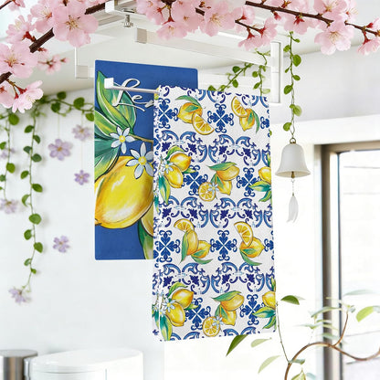 Spring Summer Blue Lemon Italy Tile Pattern Kitchen Dish Towels Set of 2, Amalfi Coast Capri Citrus Drying Hand Towel Baking Cooking Cloth, Mediterranean Bathroom Home Decoration 18'' x 26''