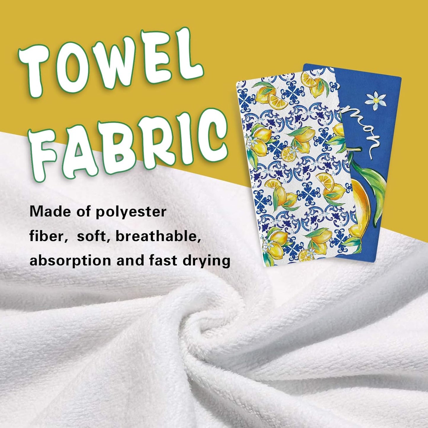 Spring Summer Blue Lemon Italy Tile Pattern Kitchen Dish Towels Set of 2, Amalfi Coast Capri Citrus Drying Hand Towel Baking Cooking Cloth, Mediterranean Bathroom Home Decoration 18'' x 26''