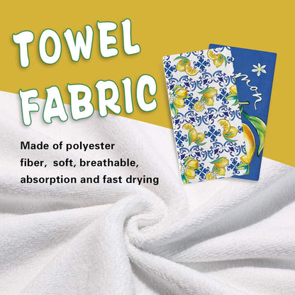 Spring Summer Blue Lemon Italy Tile Pattern Kitchen Dish Towels Set of 2, Amalfi Coast Capri Citrus Drying Hand Towel Baking Cooking Cloth, Mediterranean Bathroom Home Decoration 18'' x 26''