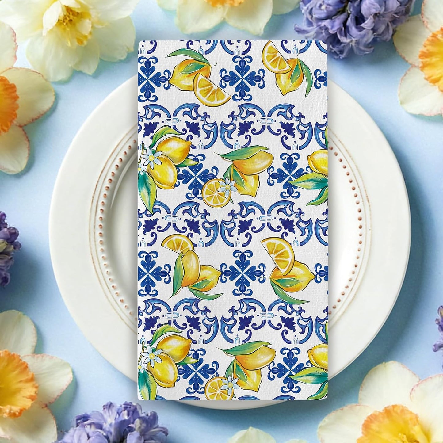Spring Summer Blue Lemon Italy Tile Pattern Kitchen Dish Towels Set of 2, Amalfi Coast Capri Citrus Drying Hand Towel Baking Cooking Cloth, Mediterranean Bathroom Home Decoration 18'' x 26''