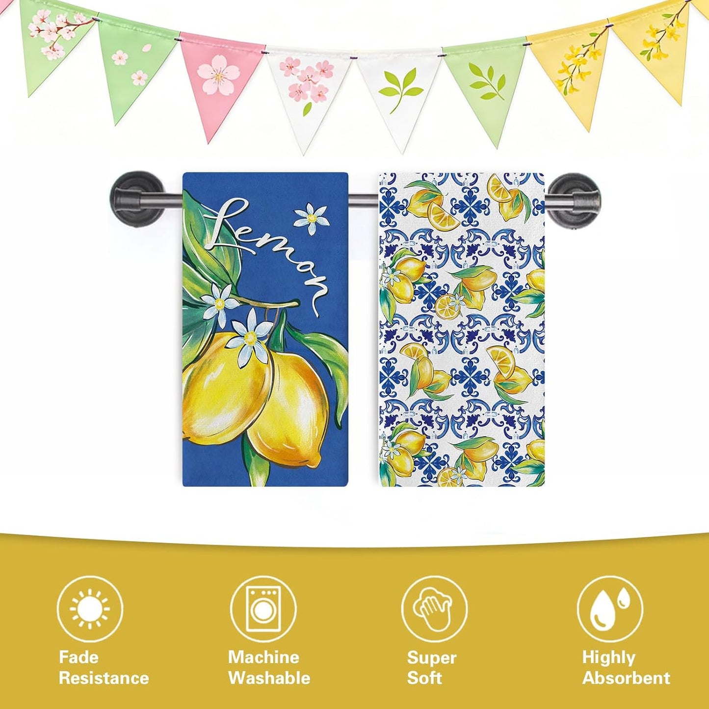 Spring Summer Blue Lemon Italy Tile Pattern Kitchen Dish Towels Set of 2, Amalfi Coast Capri Citrus Drying Hand Towel Baking Cooking Cloth, Mediterranean Bathroom Home Decoration 18'' x 26''