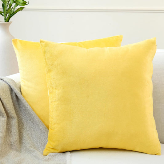 Velvet Throw Pillow Covers 18x18 in (45x45 cm) - Lemon Yellow - No Inserts, Pack of 2 Cases | Solid Plain Dyed Soft & Smooth, Square Decorative Cushion Covers for Living & Bedroom