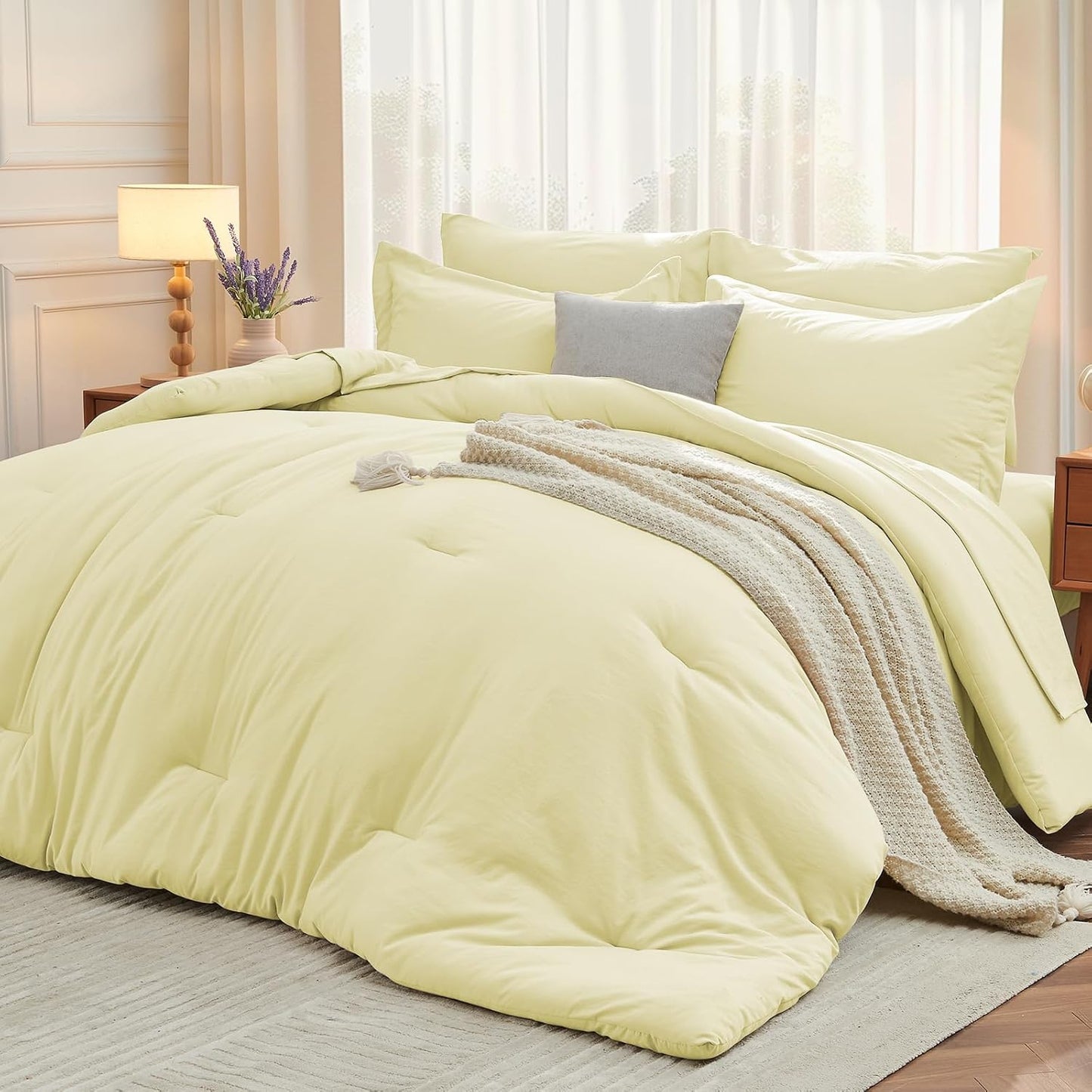7 Pieces Full Comforter Set, Soft Bed in a Bag Full Size, All Season Bedding Set with Comforter, Flat Sheet, Fitted Sheet, Pillowcases & Shams, Cream Yellow