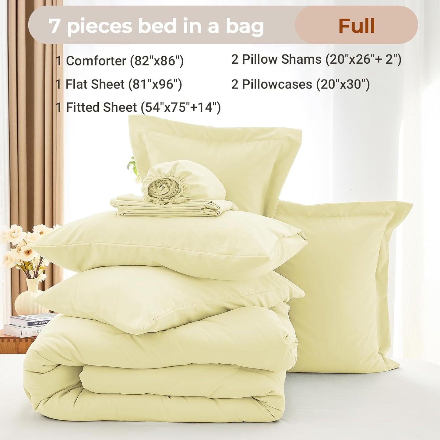 7 Pieces Full Comforter Set, Soft Bed in a Bag Full Size, All Season Bedding Set with Comforter, Flat Sheet, Fitted Sheet, Pillowcases & Shams, Cream Yellow