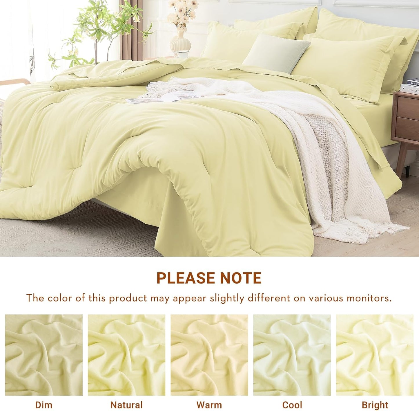 7 Pieces Full Comforter Set, Soft Bed in a Bag Full Size, All Season Bedding Set with Comforter, Flat Sheet, Fitted Sheet, Pillowcases & Shams, Cream Yellow