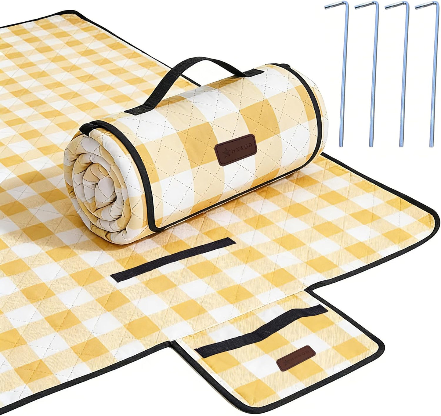 Outdoor Picnic Blanket, Extra Large, 80''x60'' Waterproof Foldable Blankets Gingham Picnic Mat for Beach, Camping Grass Lawn Park Accessories Cute Couple Ideas Wedding (Yellow, 80”x60”)
