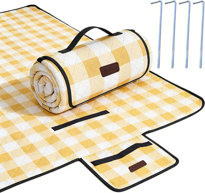 Outdoor Picnic Blanket, Extra Large, 80''x60'' Waterproof Foldable Blankets Gingham Picnic Mat for Beach, Camping Grass Lawn Park Accessories Cute Couple Ideas Wedding (Yellow, 80”x60”)