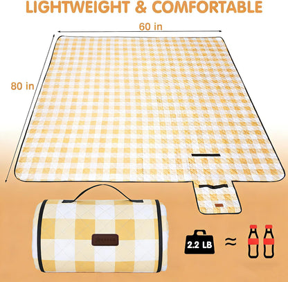 Outdoor Picnic Blanket, Extra Large, 80''x60'' Waterproof Foldable Blankets Gingham Picnic Mat for Beach, Camping Grass Lawn Park Accessories Cute Couple Ideas Wedding (Yellow, 80”x60”)