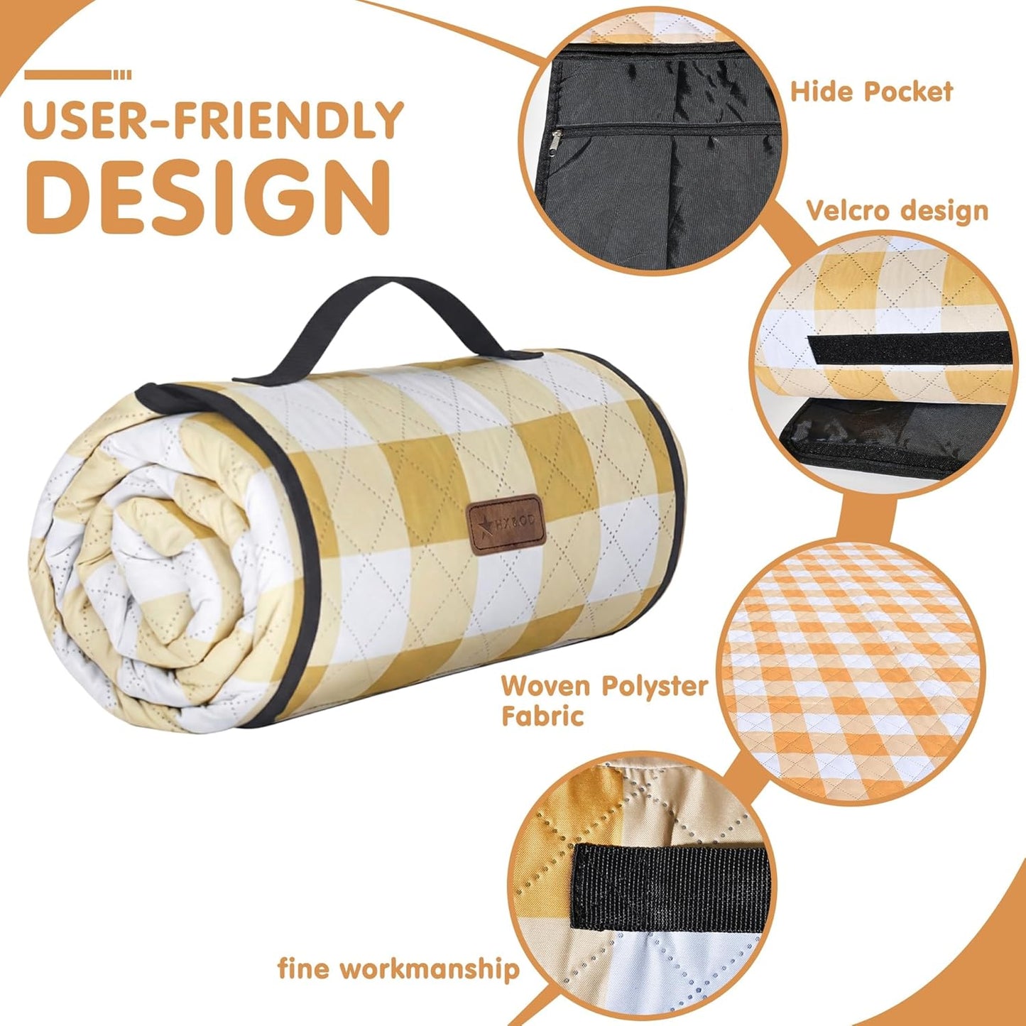 Outdoor Picnic Blanket, Extra Large, 80''x60'' Waterproof Foldable Blankets Gingham Picnic Mat for Beach, Camping Grass Lawn Park Accessories Cute Couple Ideas Wedding (Yellow, 80”x60”)
