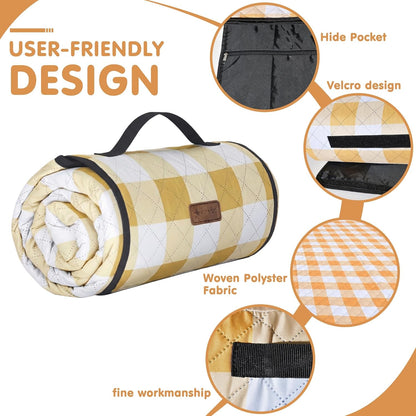 Outdoor Picnic Blanket, Extra Large, 80''x60'' Waterproof Foldable Blankets Gingham Picnic Mat for Beach, Camping Grass Lawn Park Accessories Cute Couple Ideas Wedding (Yellow, 80”x60”)