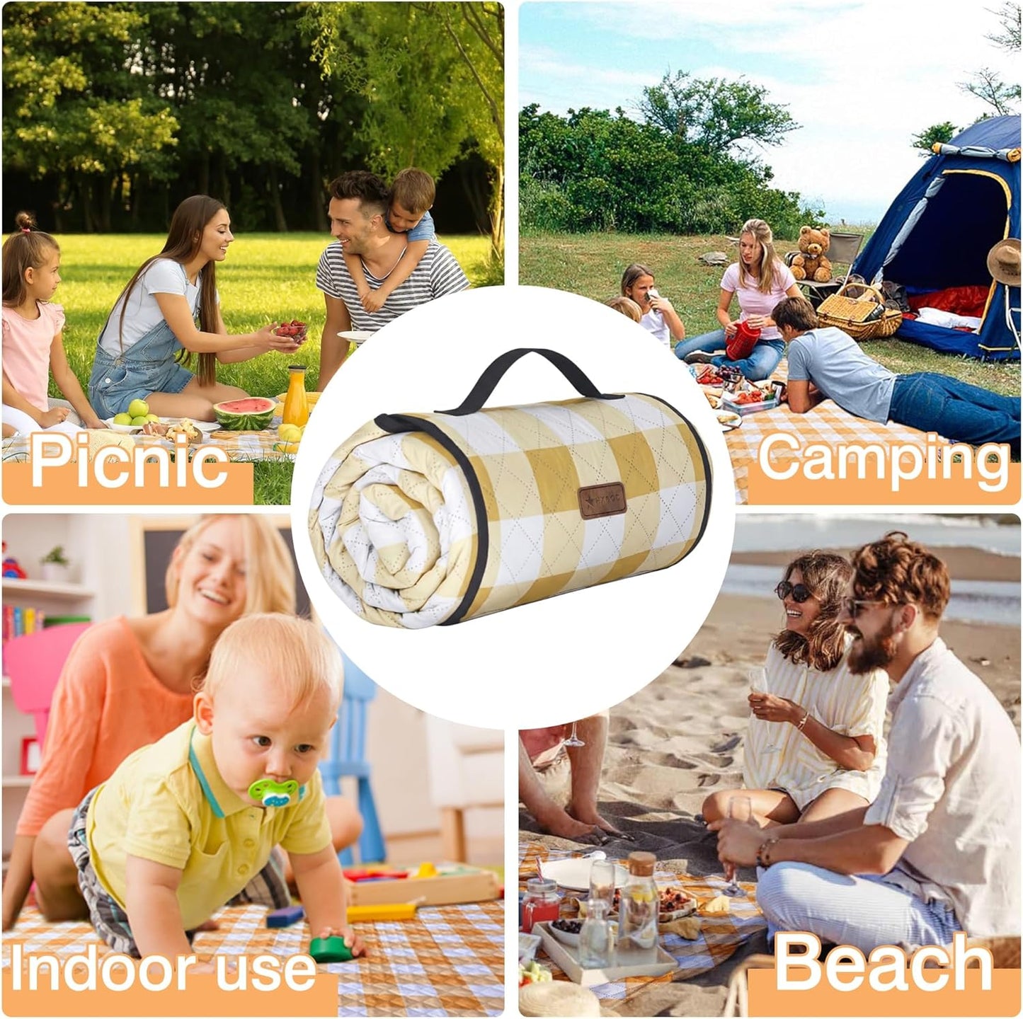 Outdoor Picnic Blanket, Extra Large, 80''x60'' Waterproof Foldable Blankets Gingham Picnic Mat for Beach, Camping Grass Lawn Park Accessories Cute Couple Ideas Wedding (Yellow, 80”x60”)