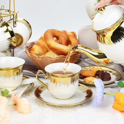 Porcelain Tea Set, Large Ceramic Tea Set for Adults with Metal Holder, 20 Pcs European Tea Cup Set, Luxury Adult Tea Sets Gift, Gold Trim Tea Cup Saucer Sets for Party Deco,1000ML (Gold Trim)