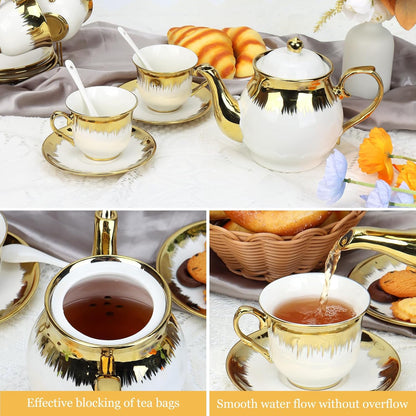Porcelain Tea Set, Large Ceramic Tea Set for Adults with Metal Holder, 20 Pcs European Tea Cup Set, Luxury Adult Tea Sets Gift, Gold Trim Tea Cup Saucer Sets for Party Deco,1000ML (Gold Trim)