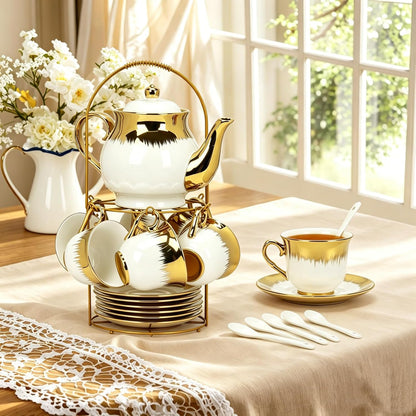 Porcelain Tea Set, Large Ceramic Tea Set for Adults with Metal Holder, 20 Pcs European Tea Cup Set, Luxury Adult Tea Sets Gift, Gold Trim Tea Cup Saucer Sets for Party Deco,1000ML (Gold Trim)
