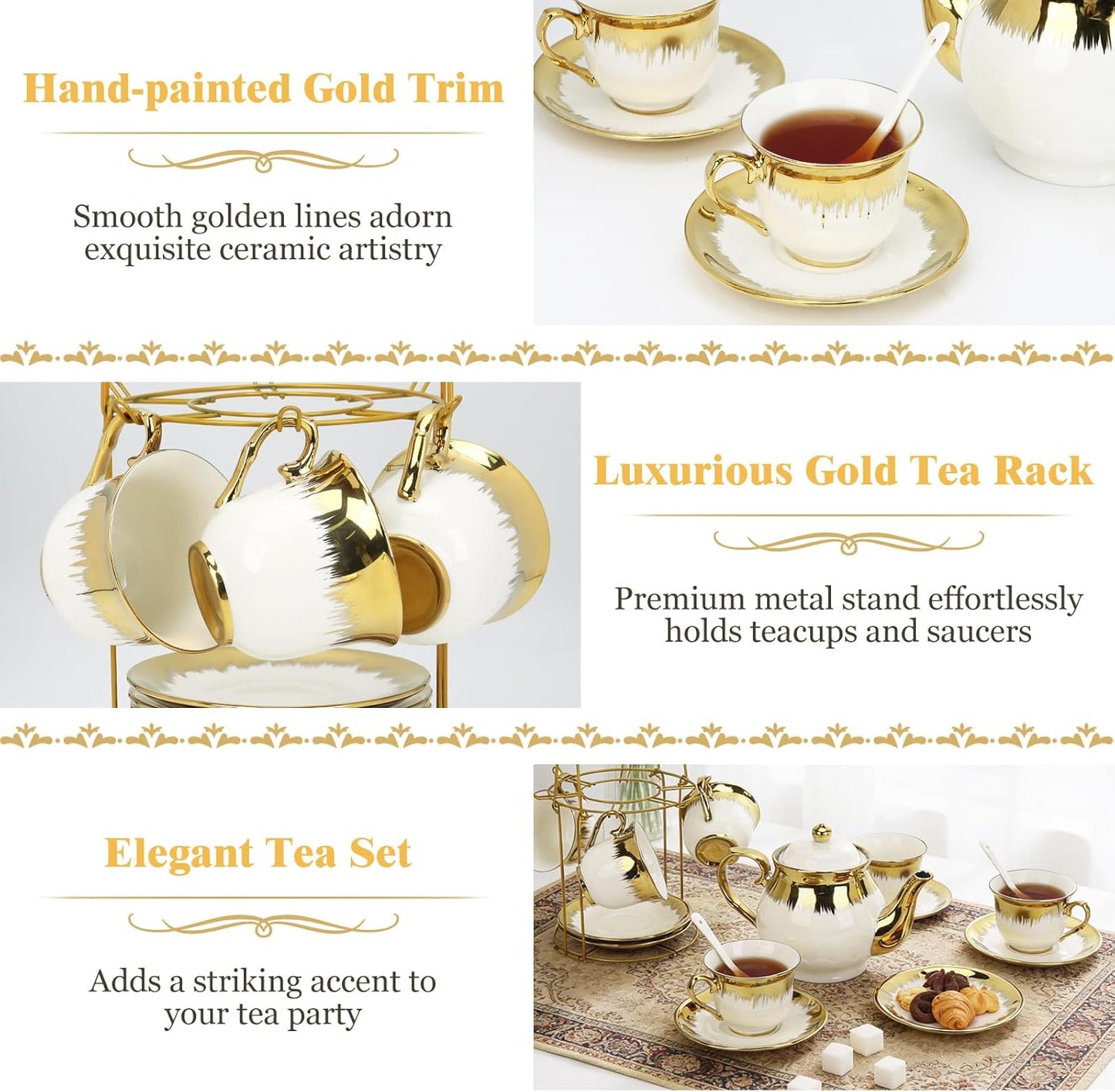 Porcelain Tea Set, Large Ceramic Tea Set for Adults with Metal Holder, 20 Pcs European Tea Cup Set, Luxury Adult Tea Sets Gift, Gold Trim Tea Cup Saucer Sets for Party Deco,1000ML (Gold Trim)