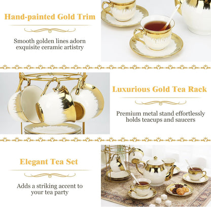 Porcelain Tea Set, Large Ceramic Tea Set for Adults with Metal Holder, 20 Pcs European Tea Cup Set, Luxury Adult Tea Sets Gift, Gold Trim Tea Cup Saucer Sets for Party Deco,1000ML (Gold Trim)