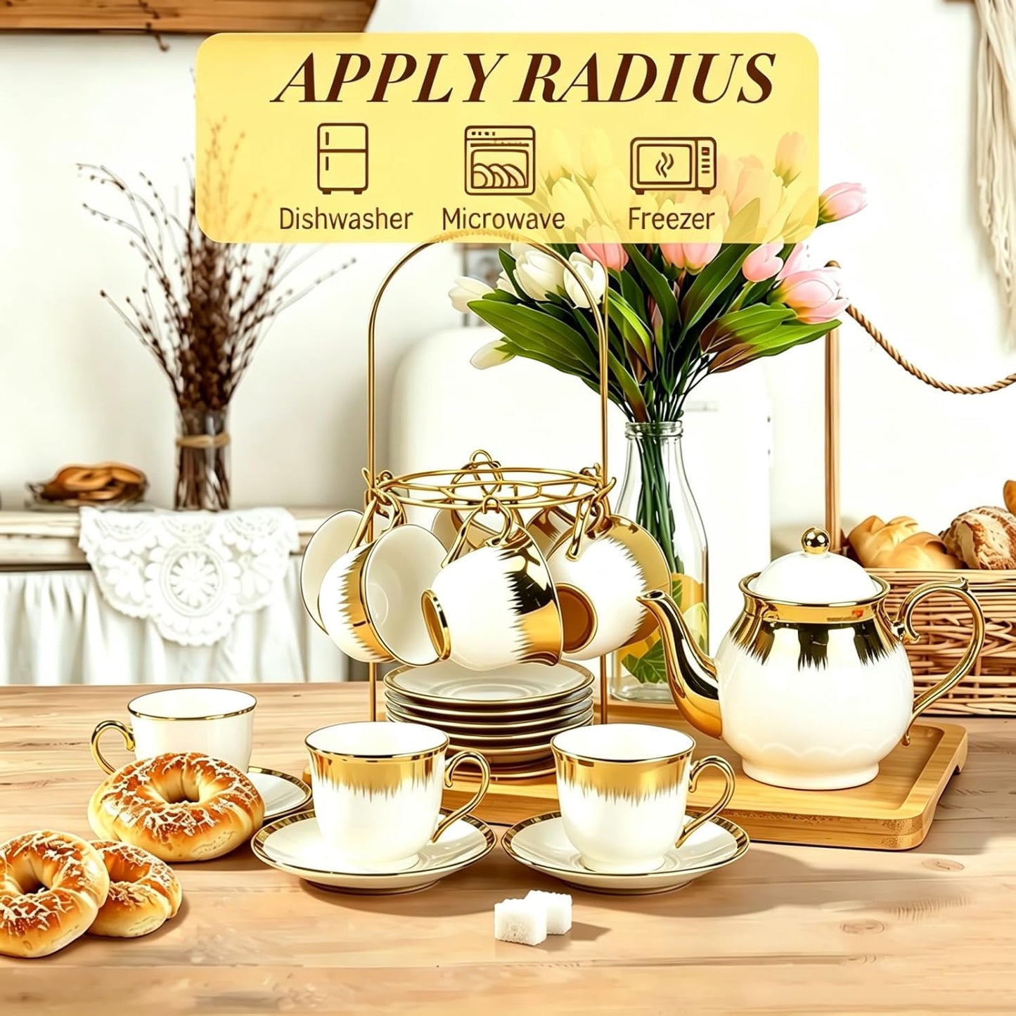 Porcelain Tea Set, Large Ceramic Tea Set for Adults with Metal Holder, 20 Pcs European Tea Cup Set, Luxury Adult Tea Sets Gift, Gold Trim Tea Cup Saucer Sets for Party Deco,1000ML (Gold Trim)