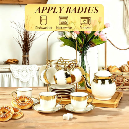 Porcelain Tea Set, Large Ceramic Tea Set for Adults with Metal Holder, 20 Pcs European Tea Cup Set, Luxury Adult Tea Sets Gift, Gold Trim Tea Cup Saucer Sets for Party Deco,1000ML (Gold Trim)