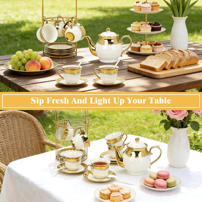 Porcelain Tea Set, Large Ceramic Tea Set for Adults with Metal Holder, 20 Pcs European Tea Cup Set, Luxury Adult Tea Sets Gift, Gold Trim Tea Cup Saucer Sets for Party Deco,1000ML (Gold Trim)
